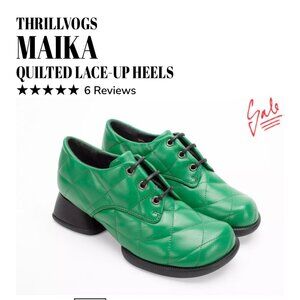 Fluevog Maika Green Quilted Size 7 Like New Leather Lace Up Chunky Heel $399